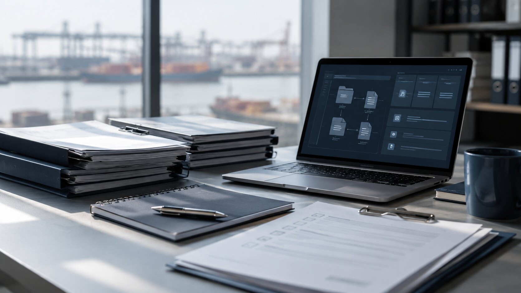 Business documents and compliance review materials in a professional logistics setting