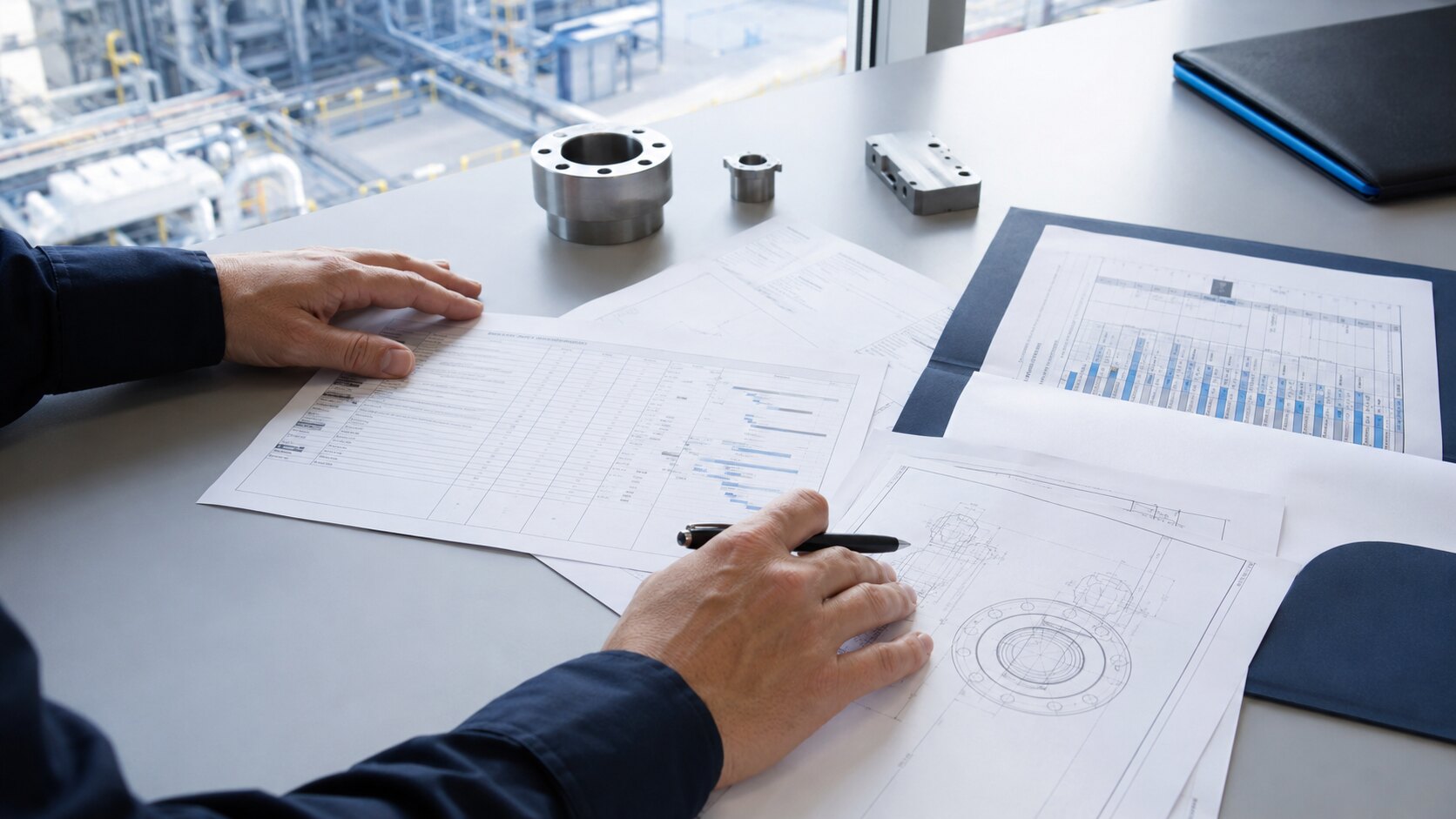 Procurement documents and logistics planning materials on a professional worktable